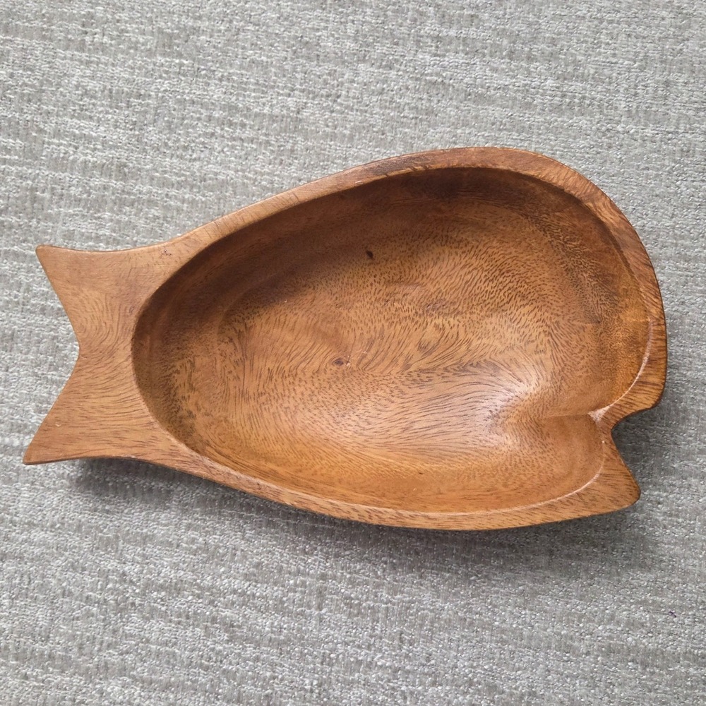 Vintage Hand Carved Wooden Fish Bowl Trinket Dish Wood Made in Philippines 8"